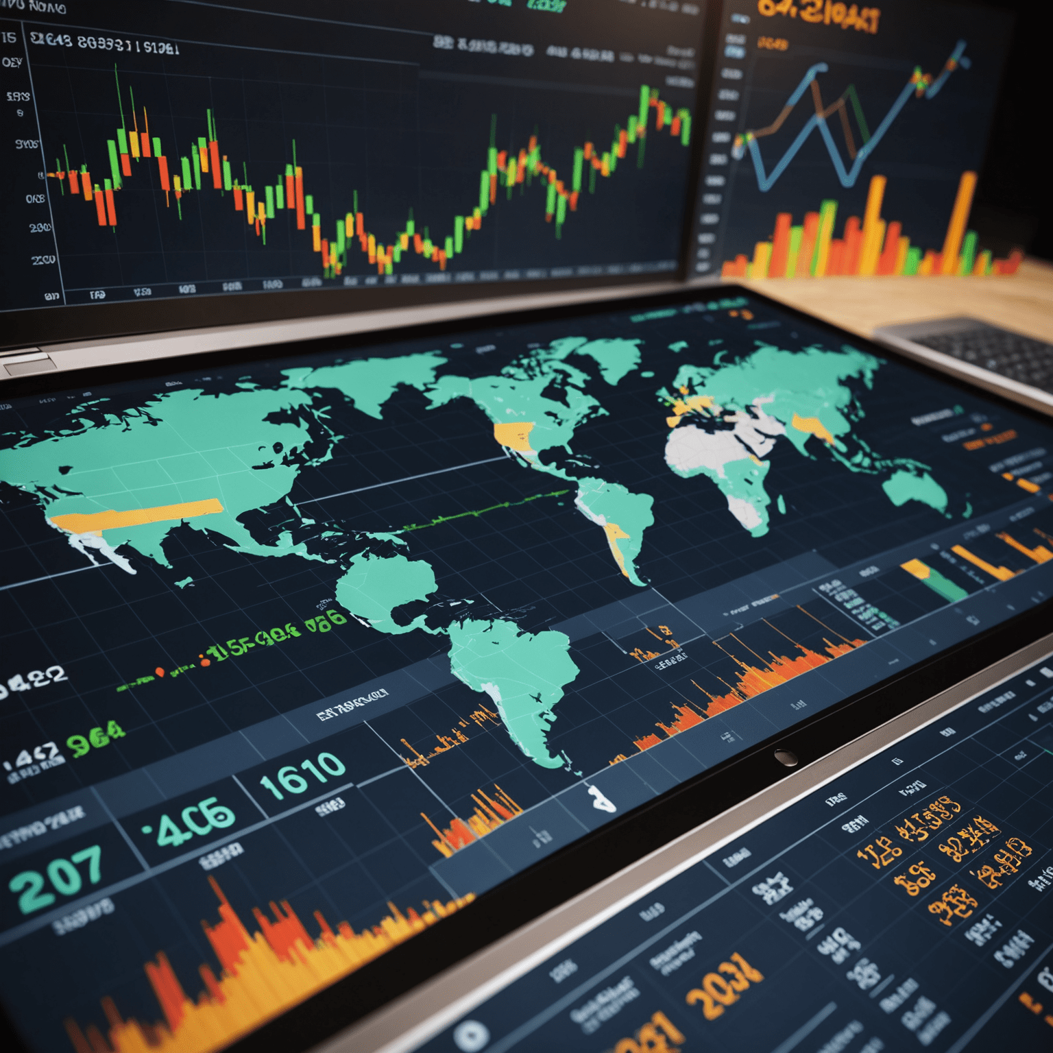 Визуализация глобальных финансовых рынков с графиками, диаграммами и данными в реальном времени