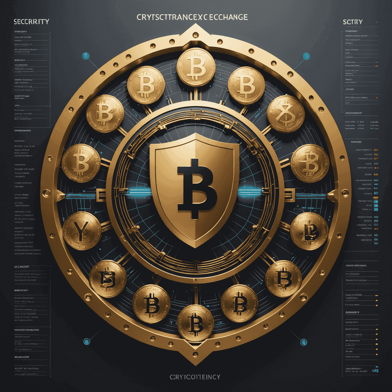 Схематическое изображение системы безопасности криптовалютной биржи с множеством замков и щитов